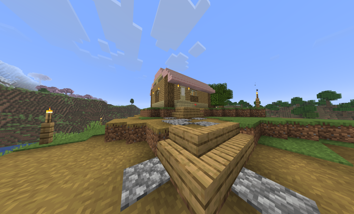 A screenshot of my minecraft house: a small oak plank house with oak logs serving as corners and below centered windows that all have torches on either side. There are also birch accents, the lowest layer of planks, the stairs to the door, the door, and where the sidewall meets the roof. The roof is made of cherry stairs. There is also haphazard path blocks and cobblestone scattered across the surrounding ground