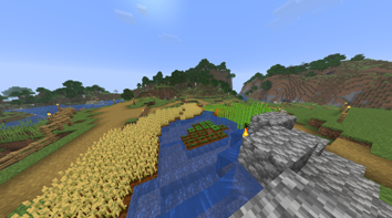 A screenshot of the east side of what I consider to be my minecraft land. There's wheat and carrots and sugarcane surrounding an artificial waterfall/river, and many scattered torches on top of fenceposts across the landscape. There is also many paths that go around and connect to each other, kind of like a spider web. In the distance, you can see the edge of a birch/oak forest as well as a few mountains across a river.