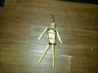 The aforementioned doll- a small collection of eight pieces of wood, four sticks of two different lengths for limbs, three thick, stump-like cylinders that make up a body, and one smaller, thinner (but not quite so thin as the sticks) cylinder with the suggestion of a nose in its lower middle half to act as the head. The wood is held together by a square of shoelace that's tied at the connection of each limb and pokes out of the top of the head and right-view thigh